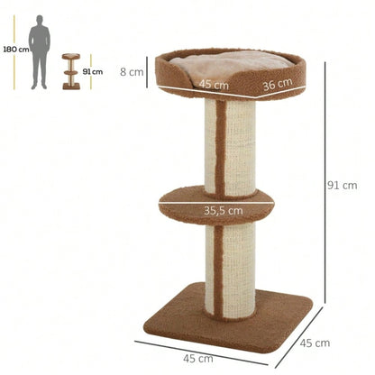 PawHut Kratzbaum Katzenturm 91 cm mit Sisalstämmen, Plattform & Kissen, mehrstöckig für mittelgroße Katzen, hellbraun