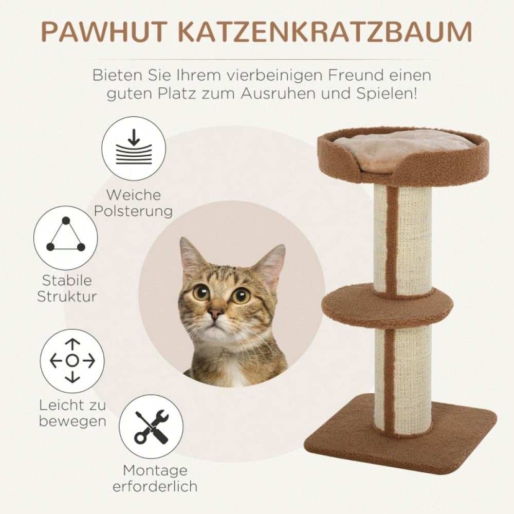 PawHut Kratzbaum Katzenturm 91 cm mit Sisalstämmen, Plattform & Kissen, mehrstöckig für mittelgroße Katzen, hellbraun