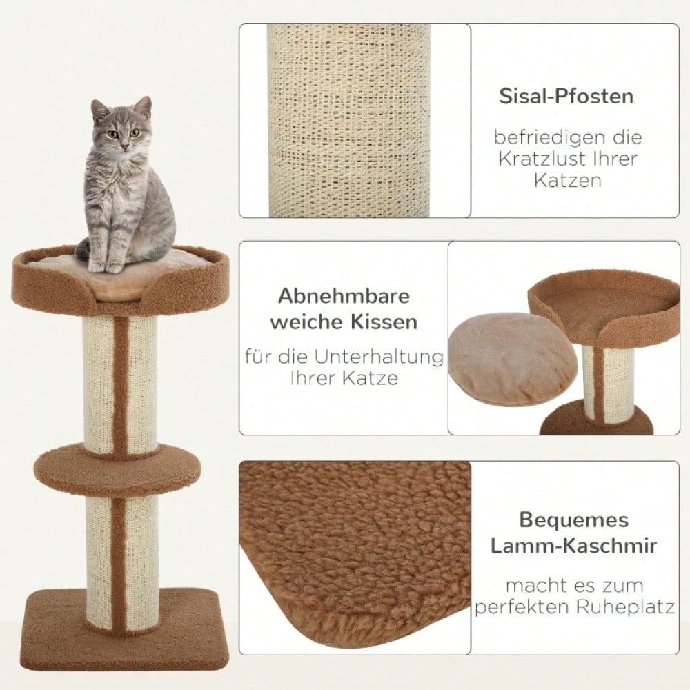 PawHut Kratzbaum Katzenturm 91 cm mit Sisalstämmen, Plattform & Kissen, mehrstöckig für mittelgroße Katzen, hellbraun