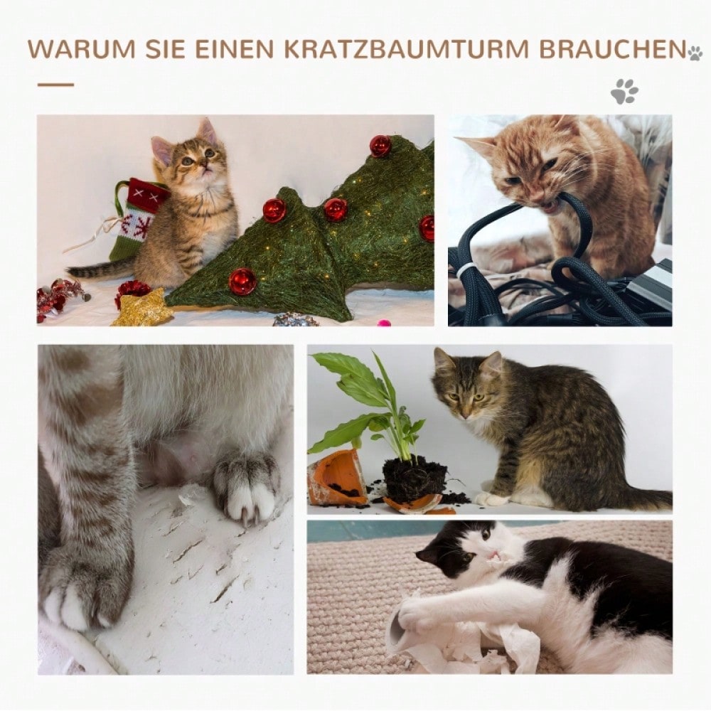 PawHut Kratzbaum Katzenturm 91 cm mit Sisalstämmen, Plattform & Kissen, mehrstöckig für mittelgroße Katzen, hellbraun