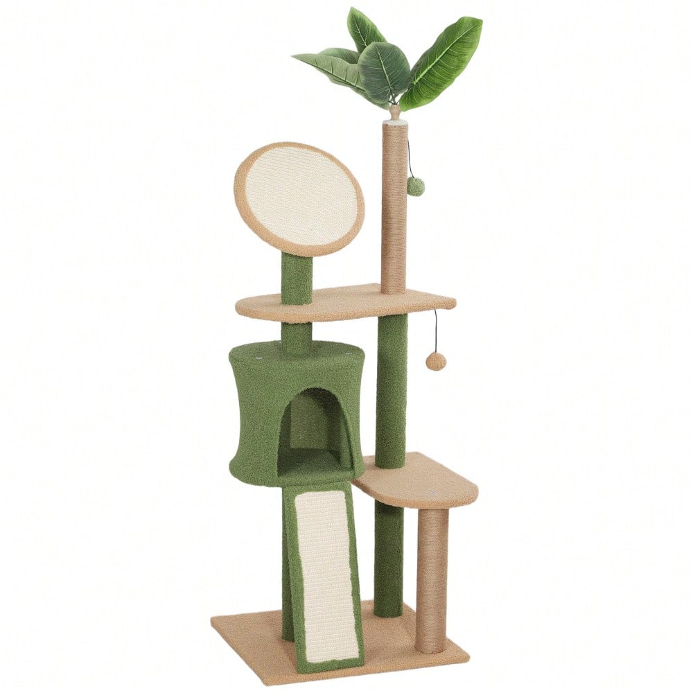 PawHut Kratzbaum 139 cm mit Katzenhöhle, Spielball & Sisalsäulen, für Katzen bis 5 kg, grün