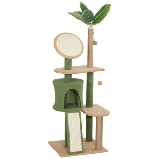 PawHut Kratzbaum 139 cm mit Katzenhöhle, Spielball & Sisalsäulen, für Katzen bis 5 kg, grün