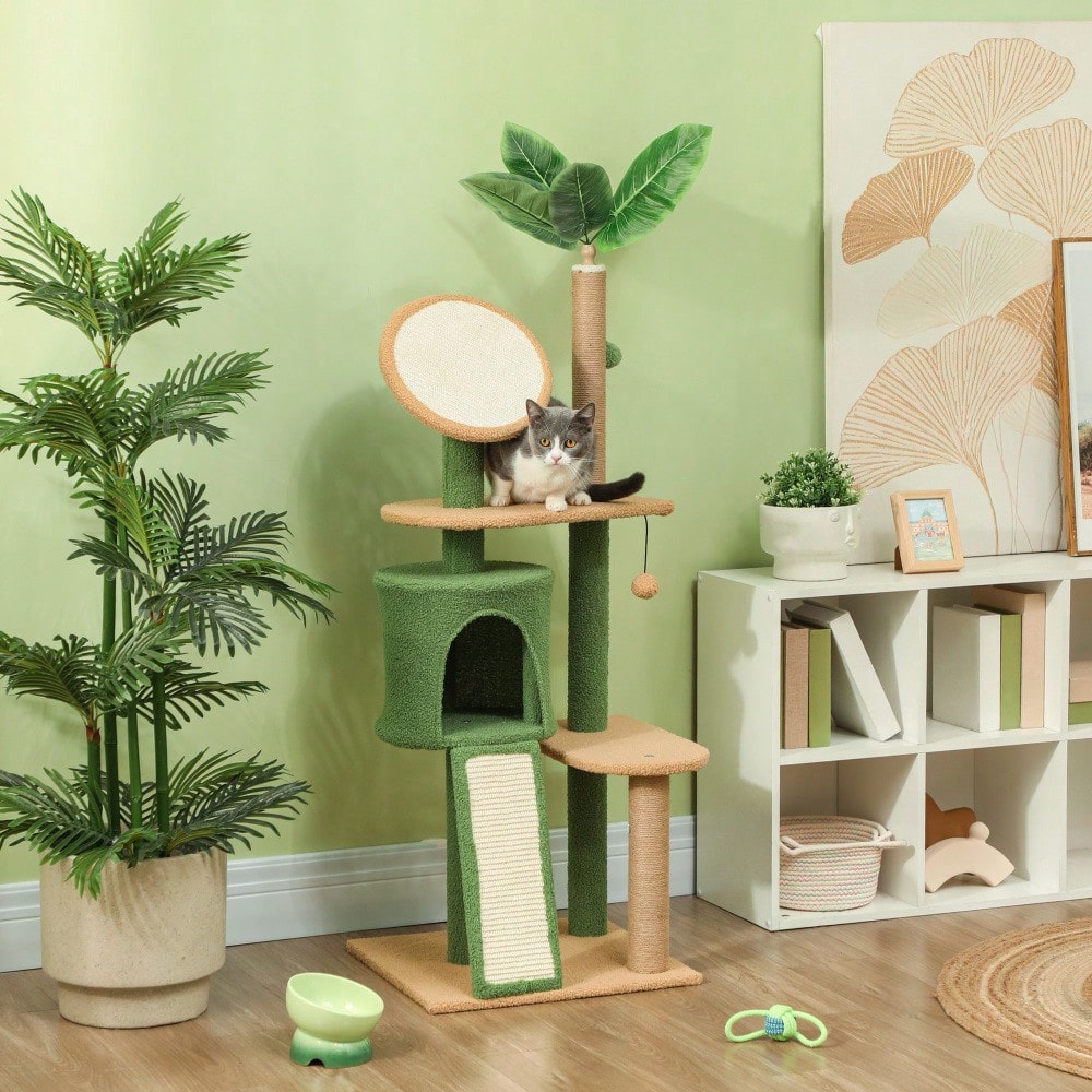 PawHut Kratzbaum 139 cm mit Katzenhöhle, Spielball & Sisalsäulen, für Katzen bis 5 kg, grün