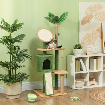 PawHut Kratzbaum 139 cm mit Katzenhöhle, Spielball & Sisalsäulen, für Katzen bis 5 kg, grün