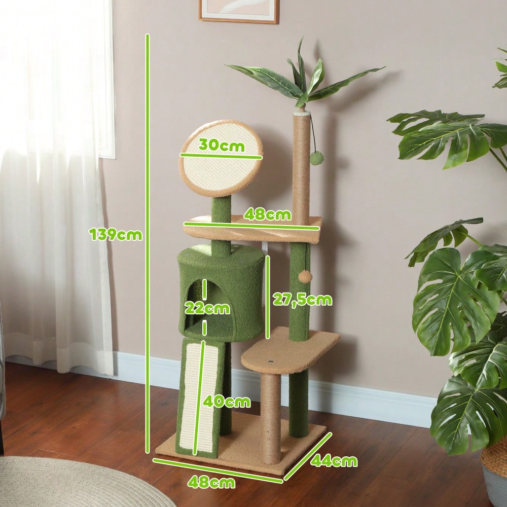 PawHut Kratzbaum 139 cm mit Katzenhöhle, Spielball & Sisalsäulen, für Katzen bis 5 kg, grün