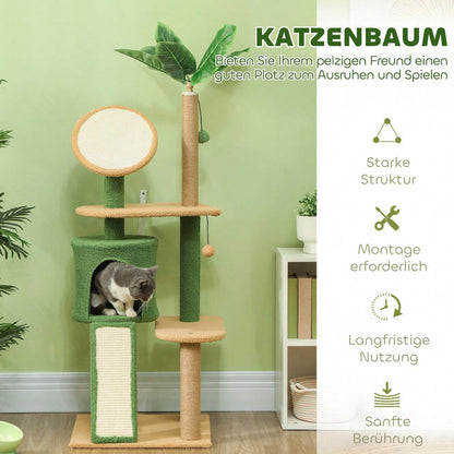 PawHut Kratzbaum 139 cm mit Katzenhöhle, Spielball & Sisalsäulen, für Katzen bis 5 kg, grün