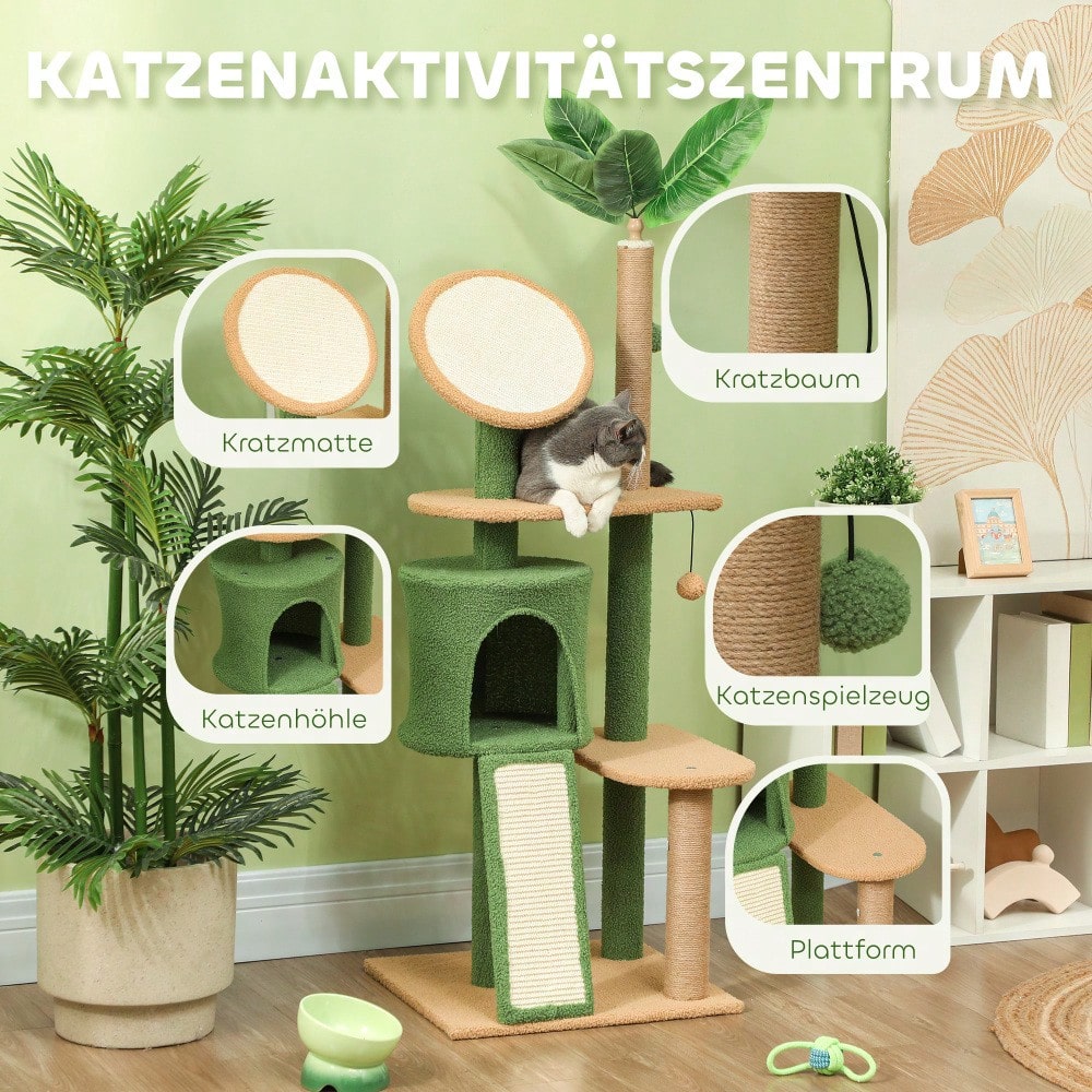 PawHut Kratzbaum 139 cm mit Katzenhöhle, Spielball & Sisalsäulen, für Katzen bis 5 kg, grün