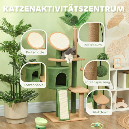 PawHut Kratzbaum 139 cm mit Katzenhöhle, Spielball & Sisalsäulen, für Katzen bis 5 kg, grün