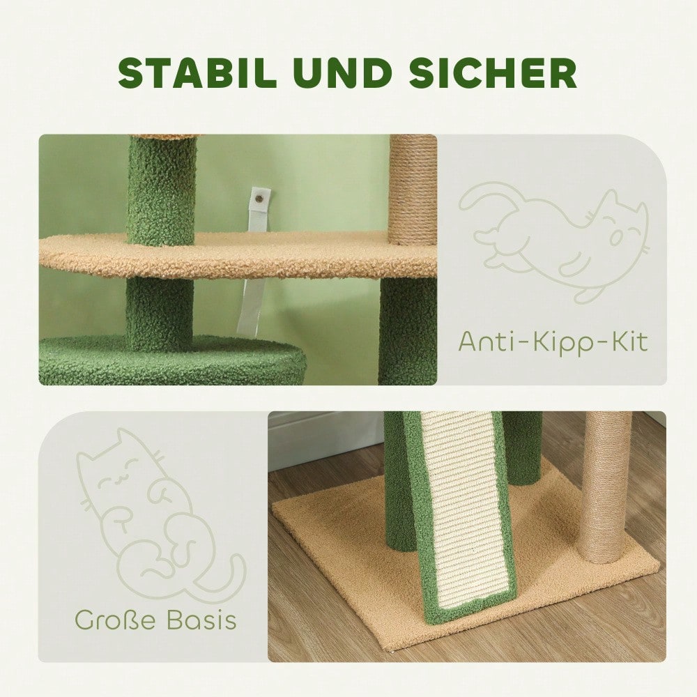 PawHut Kratzbaum 139 cm mit Katzenhöhle, Spielball & Sisalsäulen, für Katzen bis 5 kg, grün