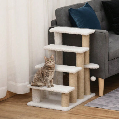 PawHut 4-stufige Haustiertreppe mit Kratzbaum für Katzen & Hunde, aus Spanplatte mit Plüsch & Jute, 60x40x64 cm, weiß