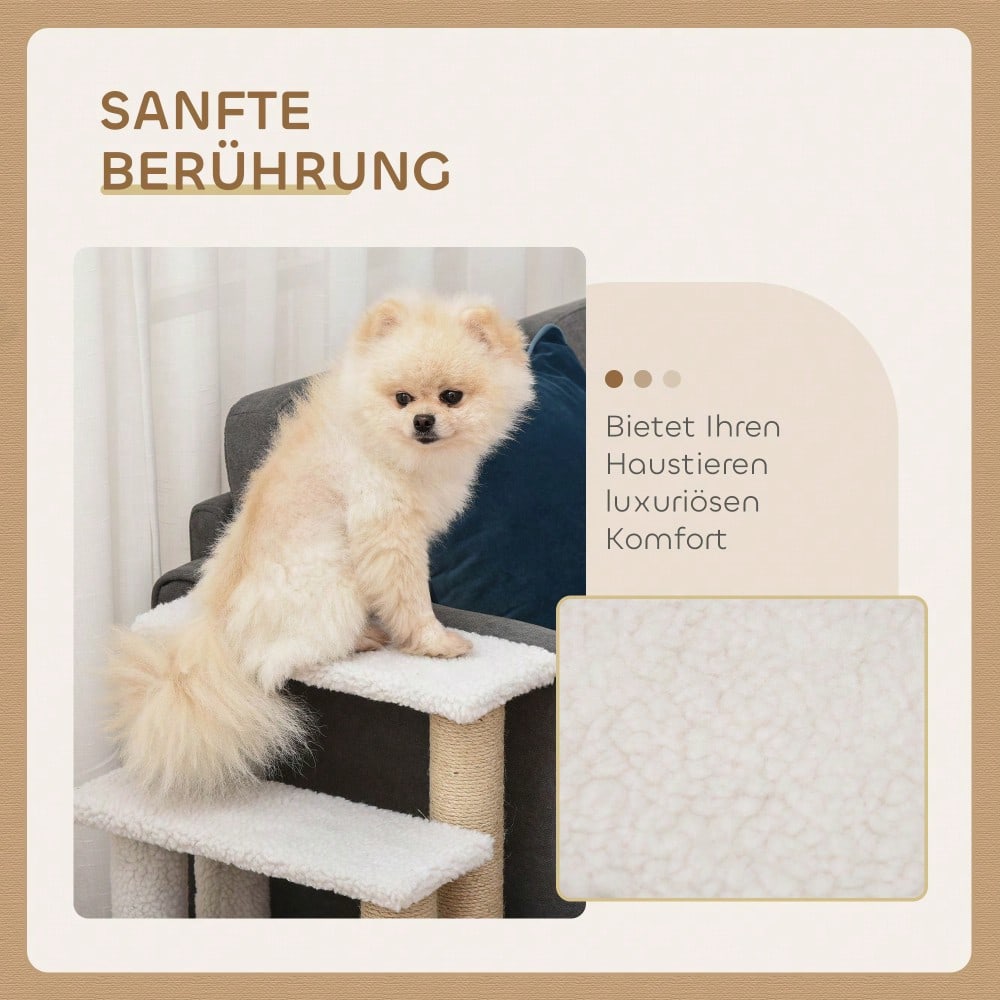 PawHut 4-stufige Haustiertreppe mit Kratzbaum für Katzen & Hunde, aus Spanplatte mit Plüsch & Jute, 60x40x64 cm, weiß