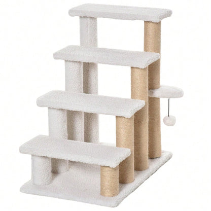 PawHut 4-stufige Haustiertreppe mit Kratzbaum für Katzen & Hunde, aus Spanplatte mit Plüsch & Jute, 60x40x64 cm, weiß