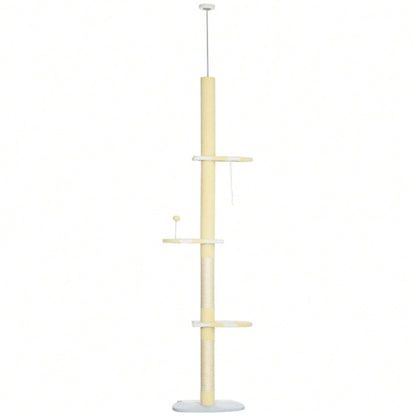 PawHut Höhenverstellbarer Kratzbaum mit Sisalseil-Pfosten & Anti-Rutsch, 220-260x47x34 cm, gelb/weiß/blau