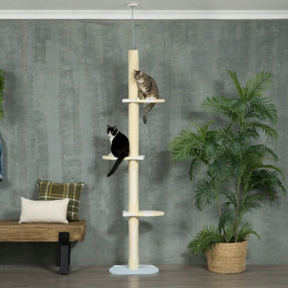 PawHut Höhenverstellbarer Kratzbaum mit Sisalseil-Pfosten & Anti-Rutsch, 220-260x47x34 cm, gelb/weiß/blau
