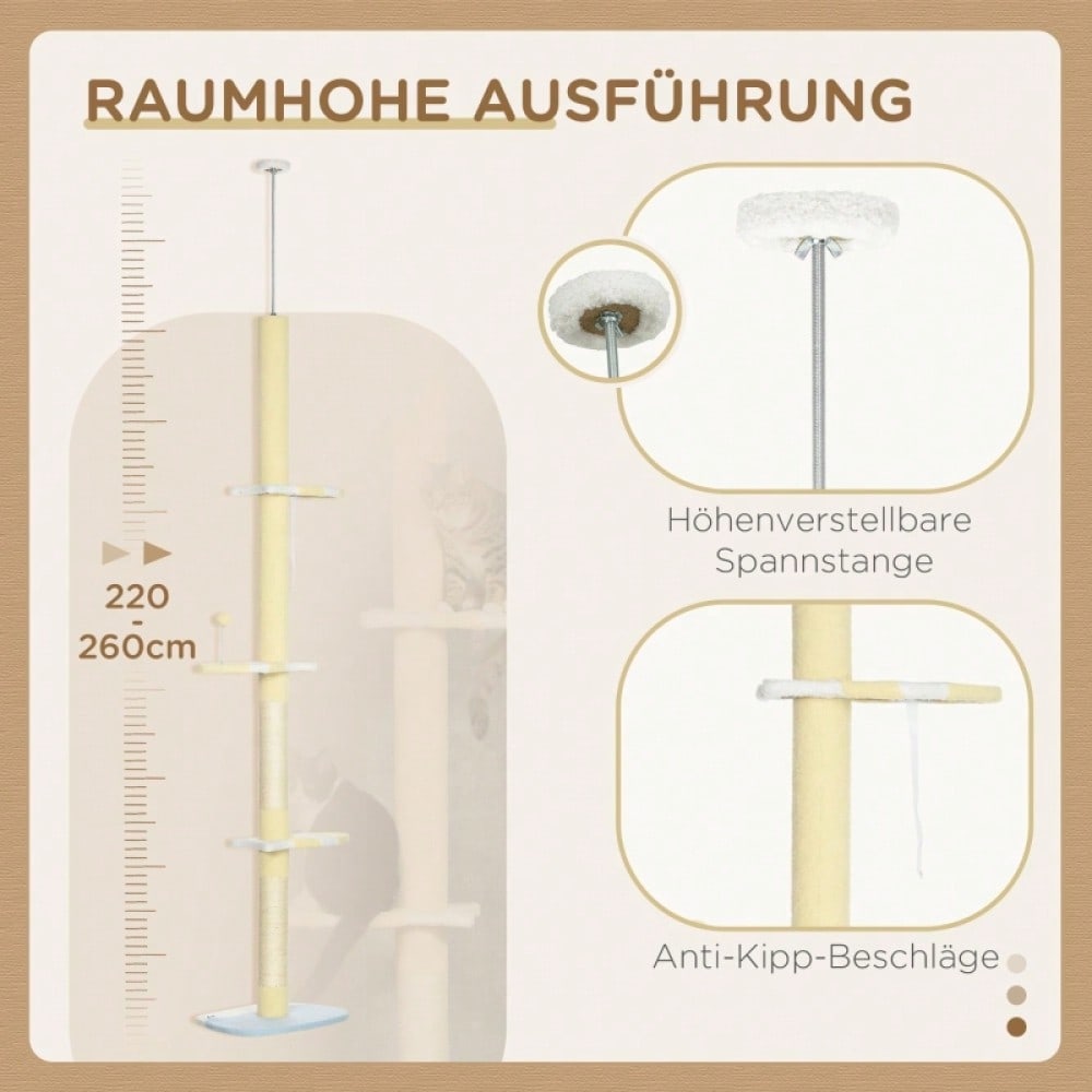PawHut Höhenverstellbarer Kratzbaum mit Sisalseil-Pfosten & Anti-Rutsch, 220-260x47x34 cm, gelb/weiß/blau