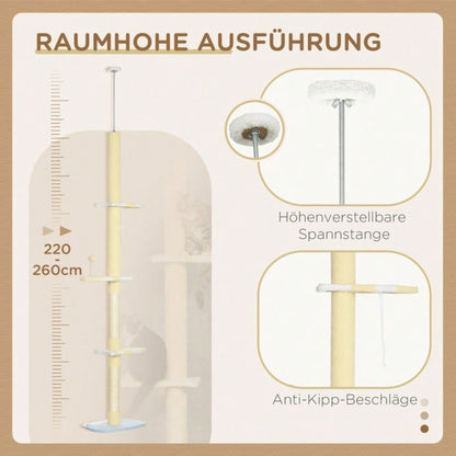 PawHut Höhenverstellbarer Kratzbaum mit Sisalseil-Pfosten & Anti-Rutsch, 220-260x47x34 cm, gelb/weiß/blau