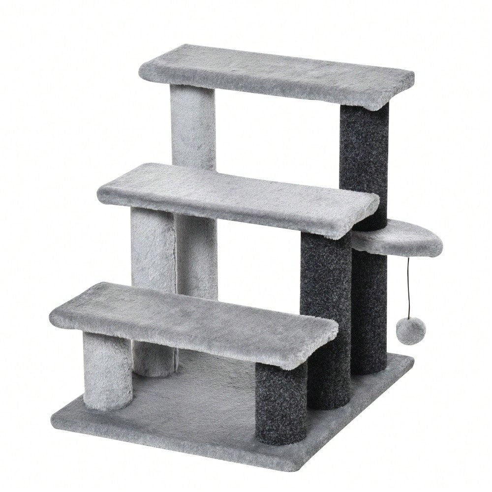 PawHut 3-stufige Haustiertreppe mit Spielball & Plüschbezug für Katzen & Hunde, 45x40x48 cm, grau