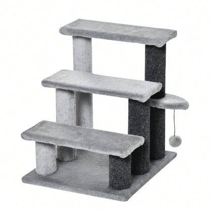 PawHut 3-stufige Haustiertreppe mit Spielball & Plüschbezug für Katzen & Hunde, 45x40x48 cm, grau