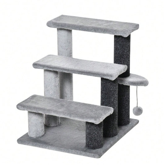 PawHut 3-stufige Haustiertreppe mit Spielball & Plüschbezug für Katzen & Hunde, 45x40x48 cm, grau