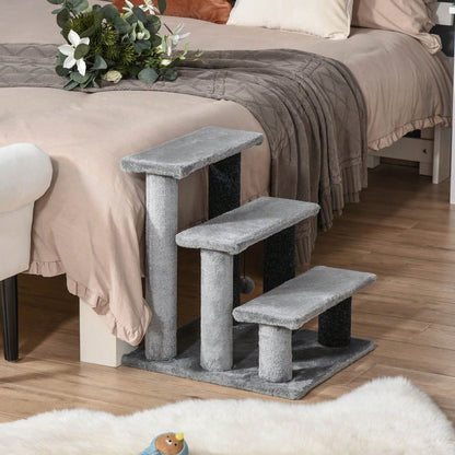 PawHut 3-stufige Haustiertreppe mit Spielball & Plüschbezug für Katzen & Hunde, 45x40x48 cm, grau