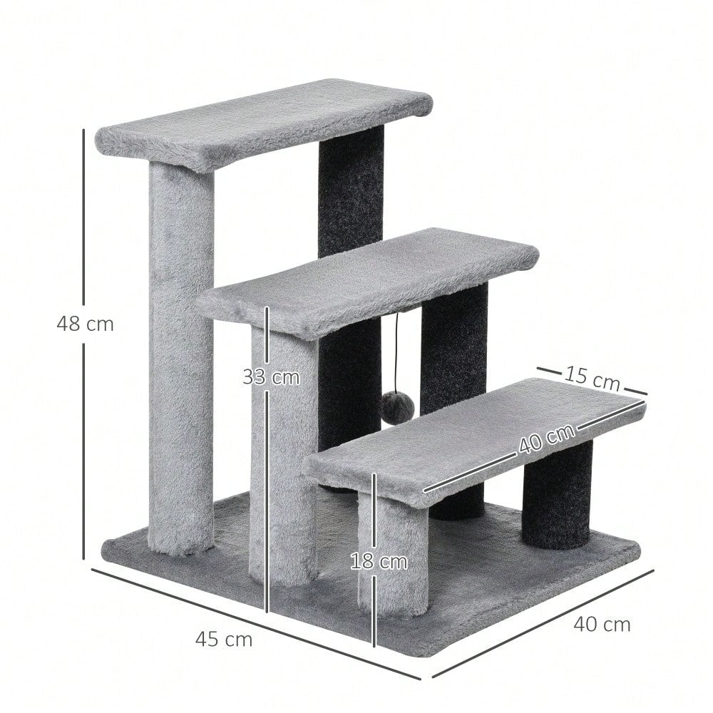 PawHut 3-stufige Haustiertreppe mit Spielball & Plüschbezug für Katzen & Hunde, 45x40x48 cm, grau