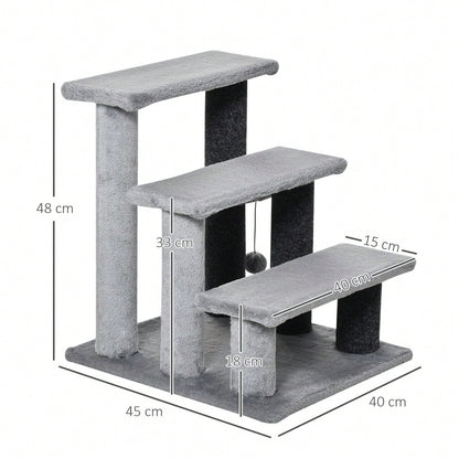 PawHut 3-stufige Haustiertreppe mit Spielball & Plüschbezug für Katzen & Hunde, 45x40x48 cm, grau