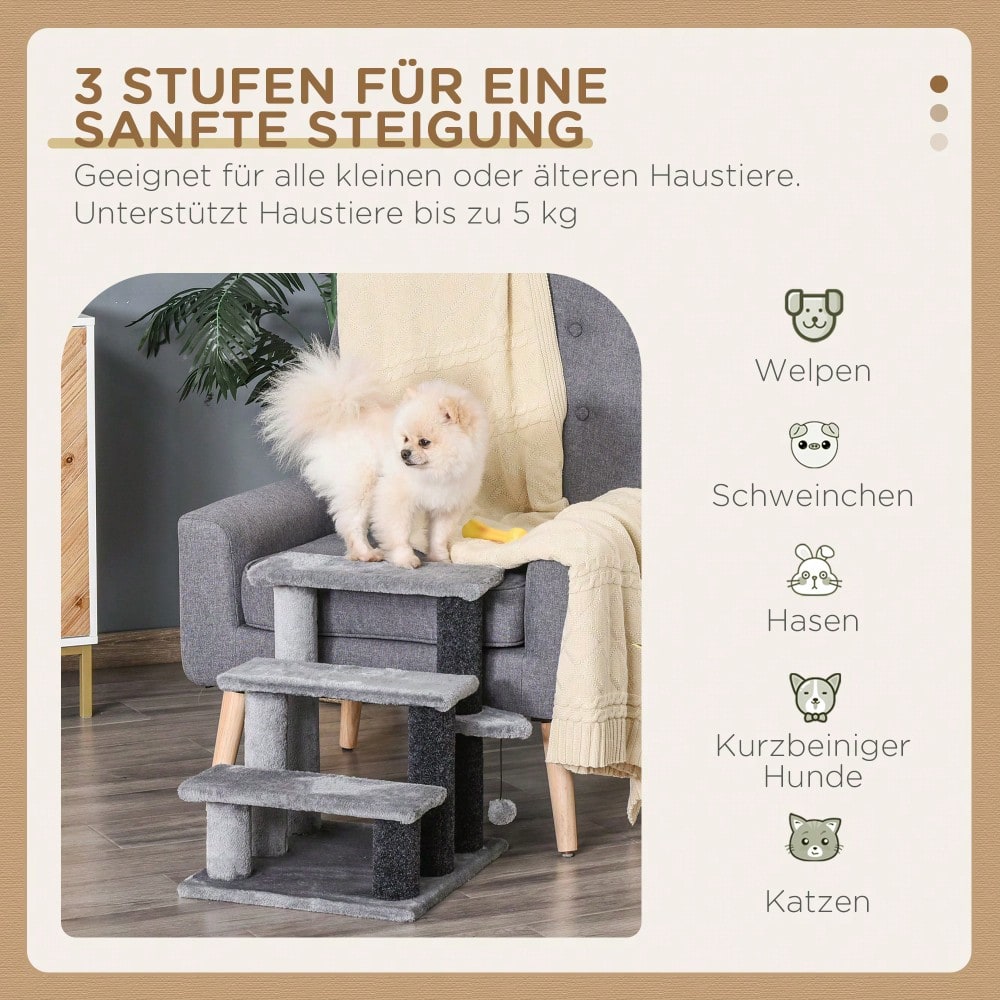 PawHut 3-stufige Haustiertreppe mit Spielball & Plüschbezug für Katzen & Hunde, 45x40x48 cm, grau