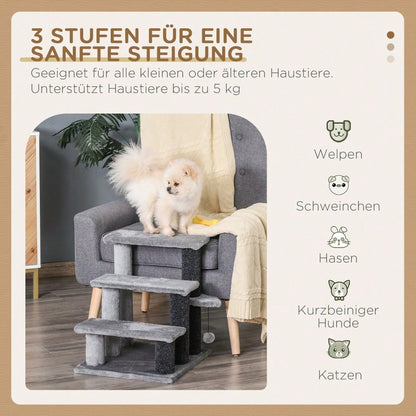 PawHut 3-stufige Haustiertreppe mit Spielball & Plüschbezug für Katzen & Hunde, 45x40x48 cm, grau