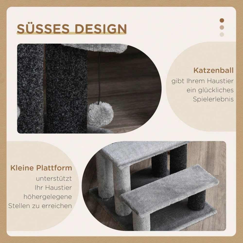 PawHut 3-stufige Haustiertreppe mit Spielball & Plüschbezug für Katzen & Hunde, 45x40x48 cm, grau