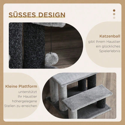 PawHut 3-stufige Haustiertreppe mit Spielball & Plüschbezug für Katzen & Hunde, 45x40x48 cm, grau