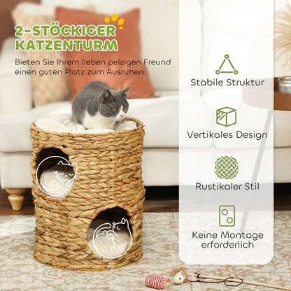 PawHut Kratztonne für Katzen aus Wasserhyazinthe mit Kissen & 2 Schlafhöhlen, Katzenturm mit Kratzfläche bis 3,5 kg, 50 cm, hellbraun