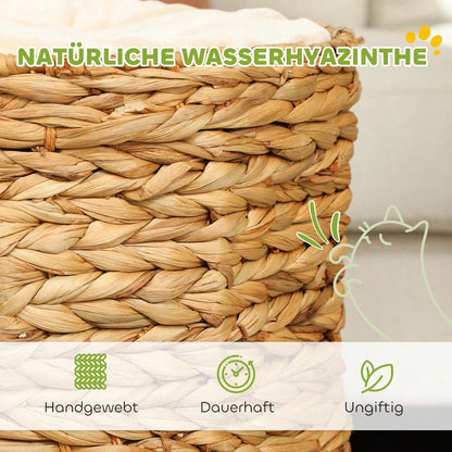 PawHut Kratztonne für Katzen aus Wasserhyazinthe mit Kissen & 2 Schlafhöhlen, Katzenturm mit Kratzfläche bis 3,5 kg, 50 cm, hellbraun