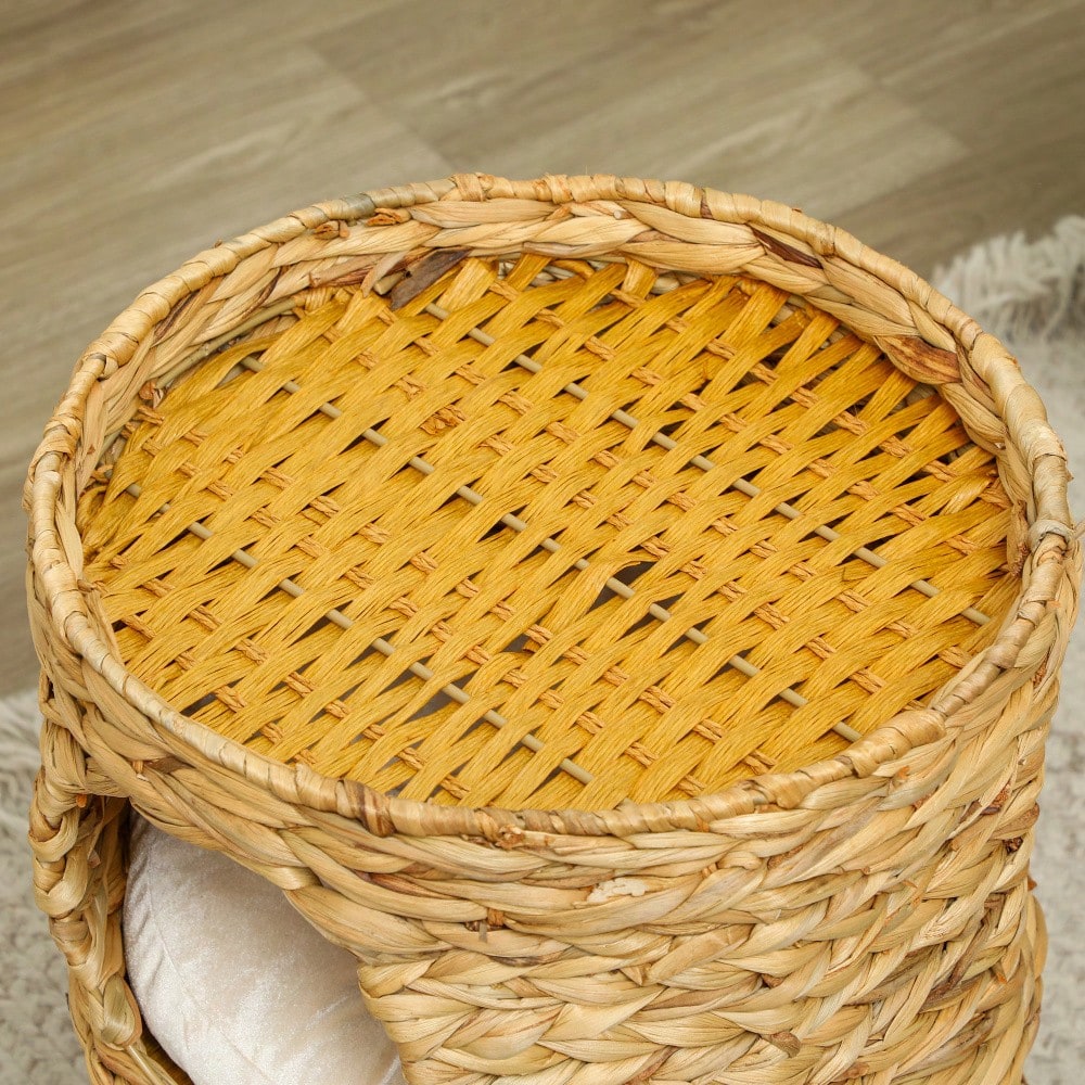 PawHut Kratztonne für Katzen aus Wasserhyazinthe mit Kissen & 2 Schlafhöhlen, Katzenturm mit Kratzfläche bis 3,5 kg, 50 cm, hellbraun