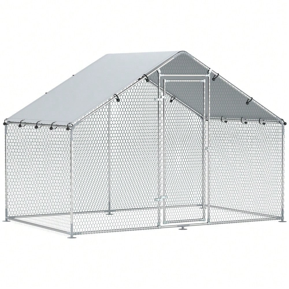PawHut Hühnerstall aus verzinktem Stahl mit wasserdichtem UV-Schutzdach, Freilaufgehege 3x1,7x1,9 m für Hühner & Kleintiere, silber