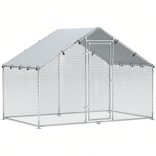 PawHut Hühnerstall aus verzinktem Stahl mit wasserdichtem UV-Schutzdach, Freilaufgehege 3x1,7x1,9 m für Hühner & Kleintiere, silber