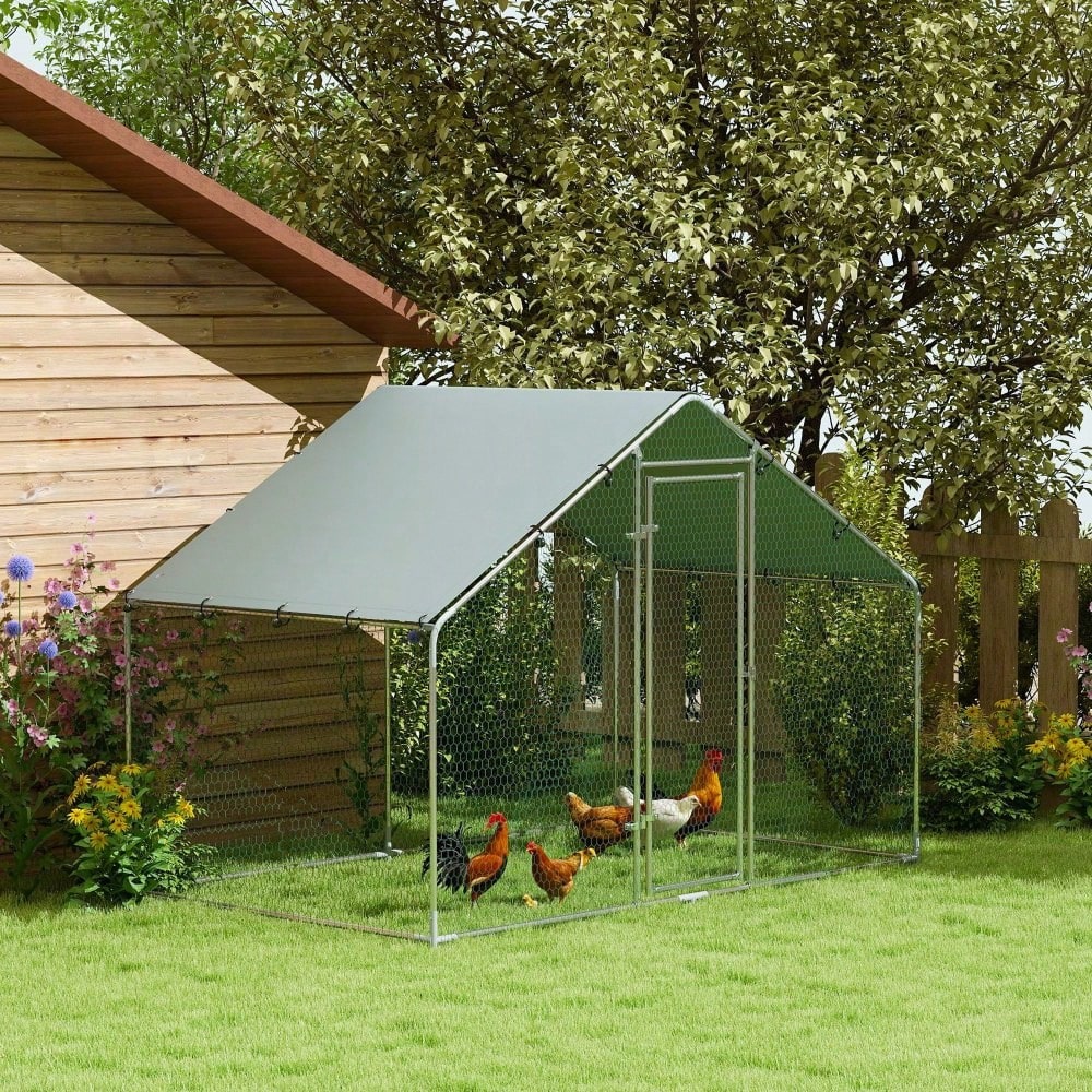 PawHut Hühnerstall aus verzinktem Stahl mit wasserdichtem UV-Schutzdach, Freilaufgehege 3x1,7x1,9 m für Hühner & Kleintiere, silber