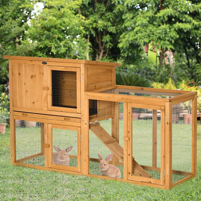 Kaninchenstall mit Bodenwanne | 141x60x86 cm | Für Außen & Innen | Aus Massivholz | Mit Rampe & Auslauf | Orange