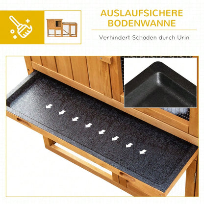 Kaninchenstall mit Bodenwanne | 141x60x86 cm | Für Außen & Innen | Aus Massivholz | Mit Rampe & Auslauf | Orange