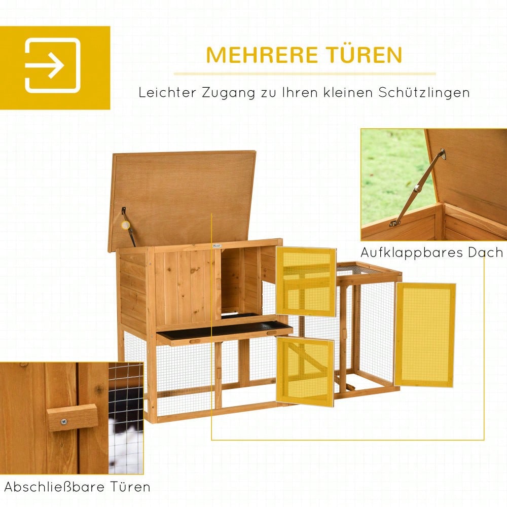 Kaninchenstall mit Bodenwanne | 141x60x86 cm | Für Außen & Innen | Aus Massivholz | Mit Rampe & Auslauf | Orange