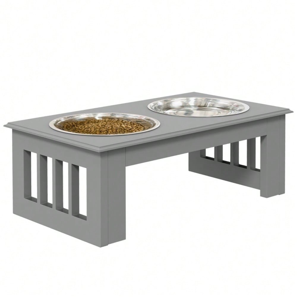 Hunde Futterstation mit 2 Näpfen, rutschfest, 2x 0.9L, grau, 44x24x15cm - von PawHut