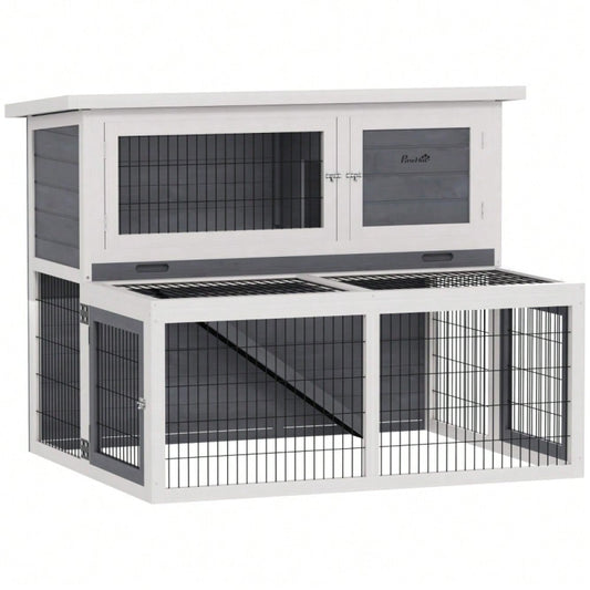 Kaninchenstall aus Holz mit 2 Ebenen & klappbarem Dach, winterfest, 122x95x93,5 cm, grau - Hasenstall von PawHut