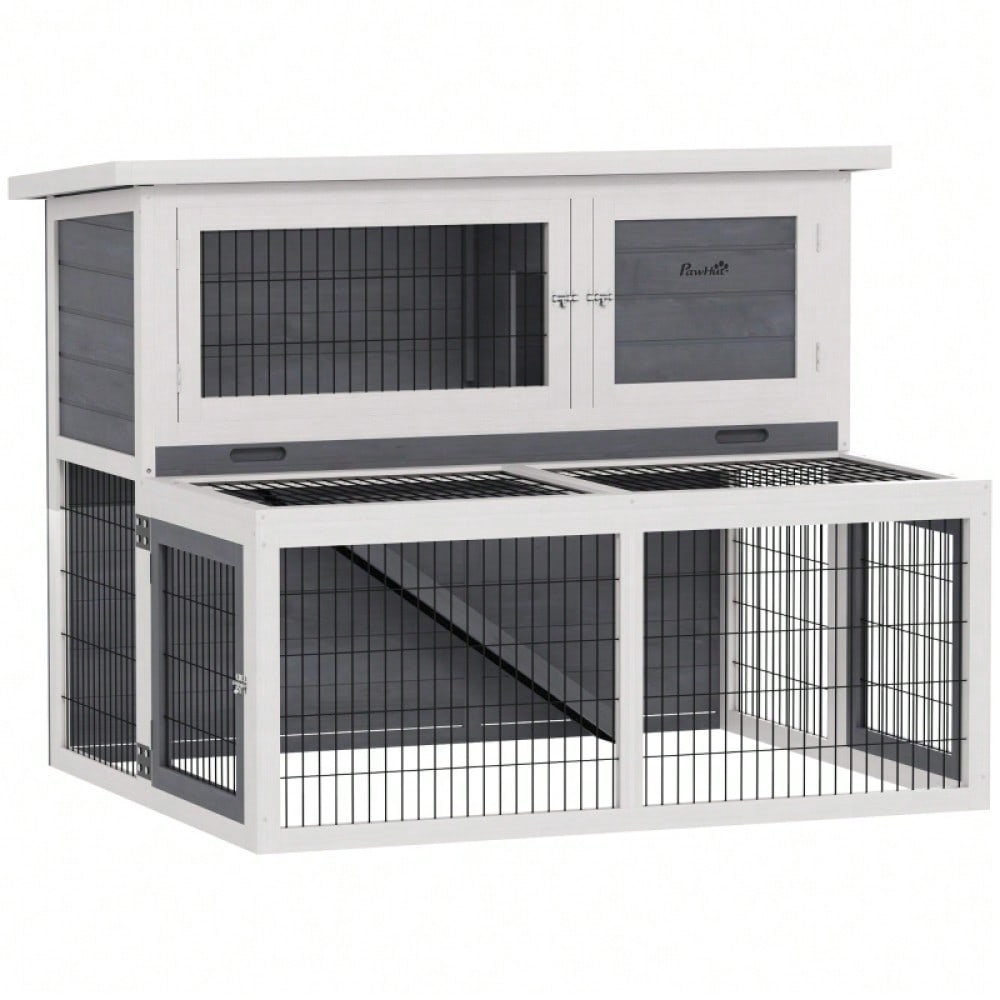 Kaninchenstall aus Holz mit 2 Ebenen & klappbarem Dach, winterfest, 122x95x93,5 cm, grau - Hasenstall von PawHut