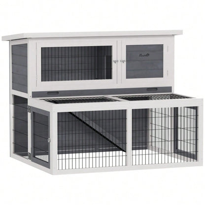 Kaninchenstall aus Holz mit 2 Ebenen & klappbarem Dach, winterfest, 122x95x93,5 cm, grau - Hasenstall von PawHut