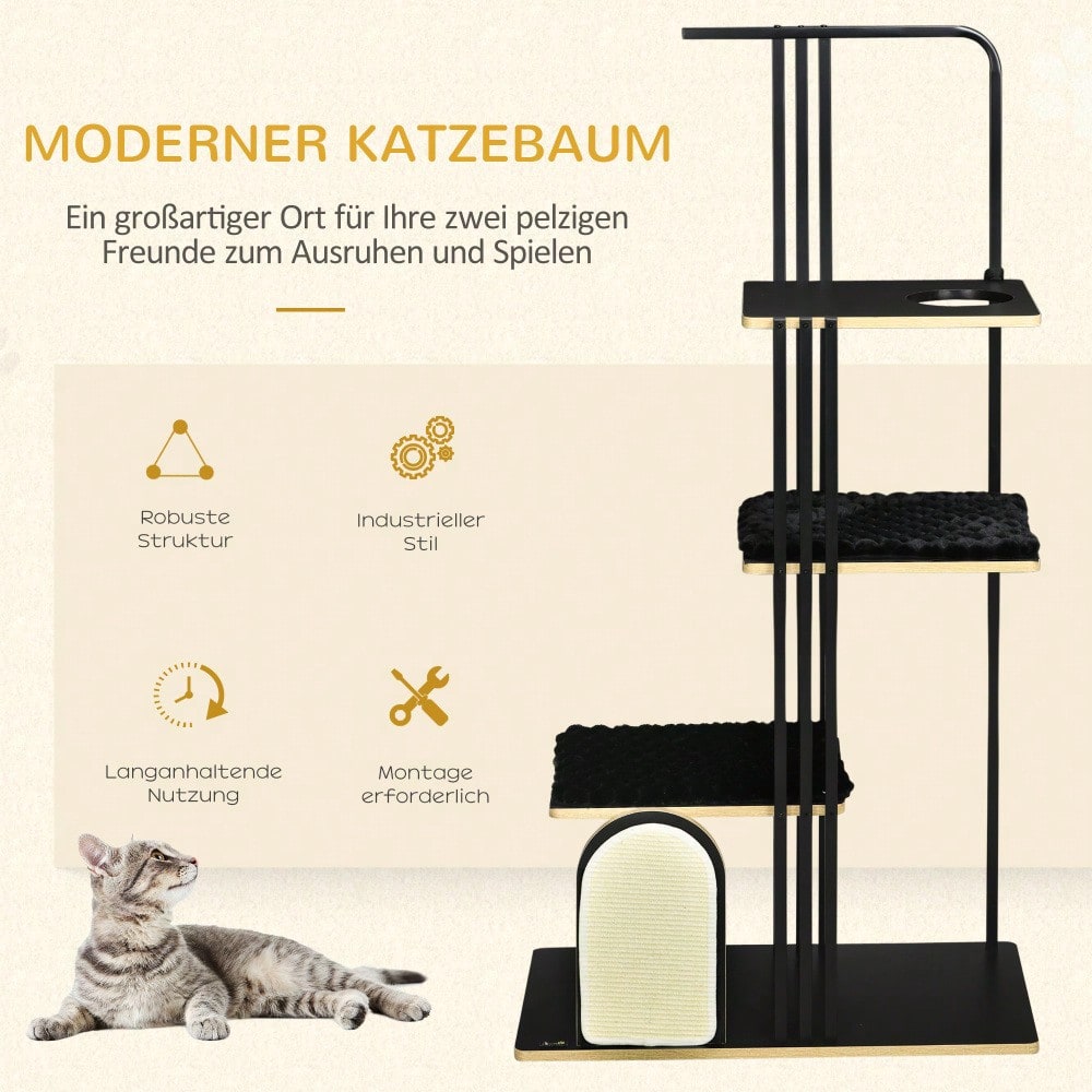 Kratzbaum für Katzen 170 cm hoch, mit Kissen, Kratzbrett & 3 Plattformen, stabiler Katzenbaum aus Stahl, schwarz - von PawHut