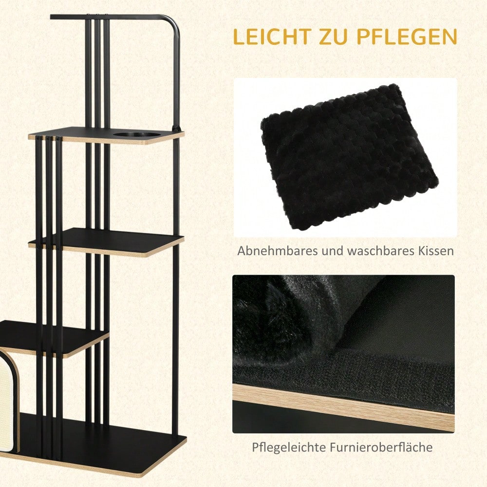 Kratzbaum für Katzen 170 cm hoch, mit Kissen, Kratzbrett & 3 Plattformen, stabiler Katzenbaum aus Stahl, schwarz - von PawHut