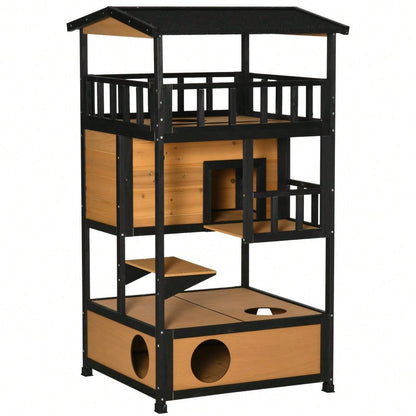 Katzenhaus aus Tannenholz für draußen, 4-stöckig mit Treppe & winterfestem Asphaltdach, wetterfest, 75,5x75x137 cm, gelb - von PawHut