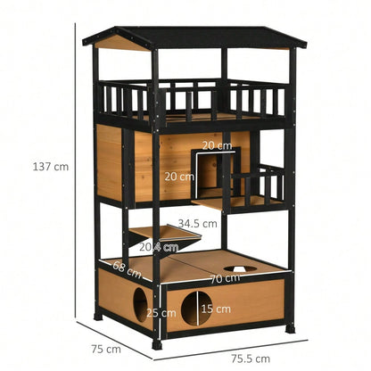 Katzenhaus aus Tannenholz für draußen, 4-stöckig mit Treppe & winterfestem Asphaltdach, wetterfest, 75,5x75x137 cm, gelb - von PawHut