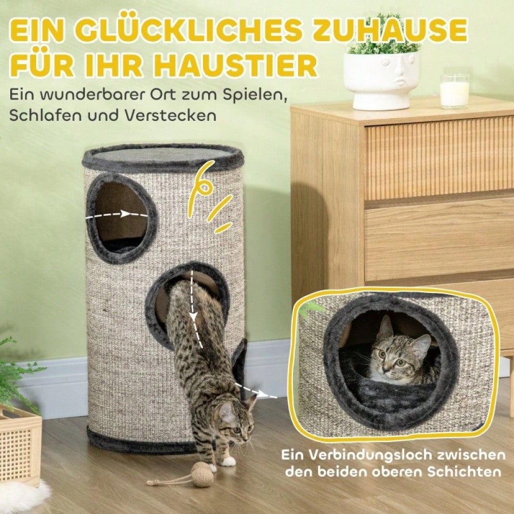 Kratztonne für Katzen mit 3 Ebenen & Kratzfläche aus Sisal, 70 cm hoch, grau, 38x38 cm - von PawHut
