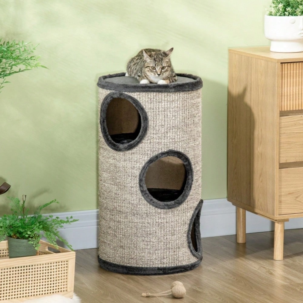 Kratztonne für Katzen mit 3 Ebenen & Kratzfläche aus Sisal, 70 cm hoch, grau, 38x38 cm - von PawHut