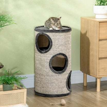 Kratztonne für Katzen mit 3 Ebenen & Kratzfläche aus Sisal, 70 cm hoch, grau, 38x38 cm - von PawHut